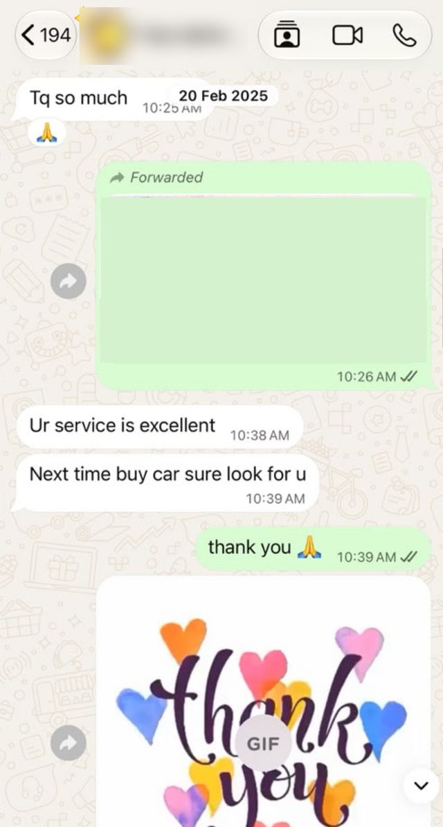 WhatsApp message from a client: Ur service is excellent. Next time buy car sure look for u.